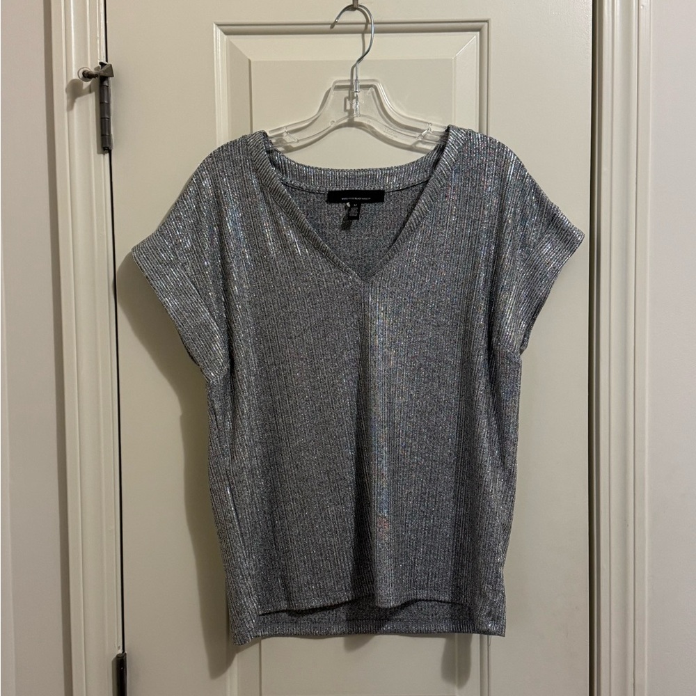 White House Black Market Metallic Silver V-Neck Top